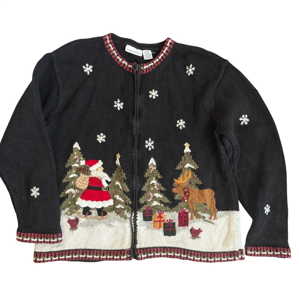 VTG Croft & Barrow Christmas Cardigan XL Holiday Santa Reindeer Black Kitchy